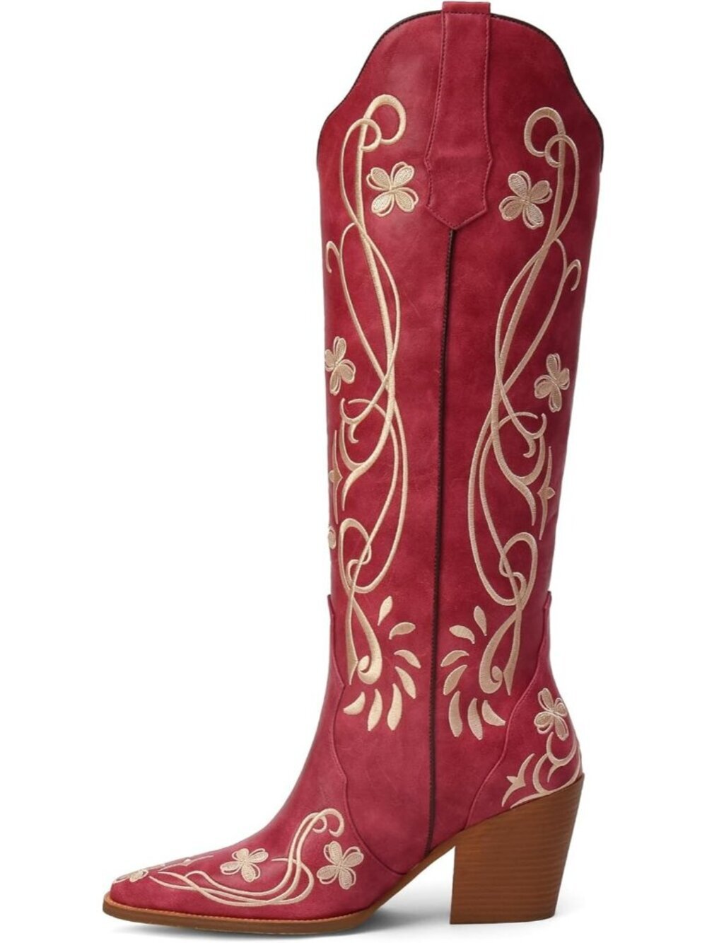 Women's Red Pu Cowgirl High Knee Vintage with Floral Embroidered Footwear